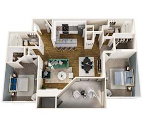A top down view of a small apartment with a kitchen, living room, and bathroom.