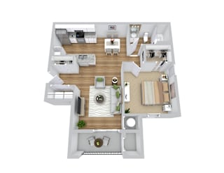 A top-down view of a modern, open-plan living space with a kitchen, dining area, and living room.