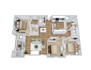 A top-down view of a house interior with a living room, kitchen, and dining area.