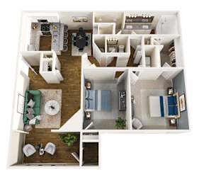 A top down view of a small apartment with a living room, kitchen, and bedroom.
