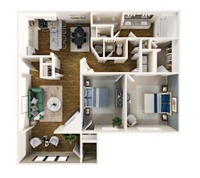 A top down view of a house layout with a kitchen, living room, and bathroom.