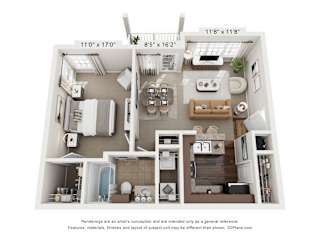 A 3D floor plan of a small apartment with a kitchen, living room, and bathroom.