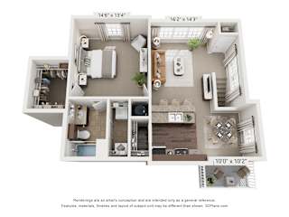 A 3D floor plan of a two-bedroom apartment with dimensions and a disclaimer.