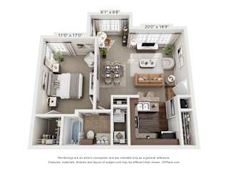 A 3D floor plan of a small apartment with a kitchen, living room, and two bedrooms.