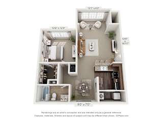 A 3D floor plan of a small apartment with a kitchen, living room, and bathroom.