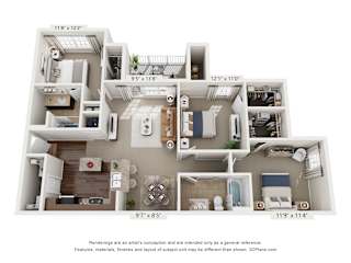 A 3D floor plan of a house with labeled dimensions.