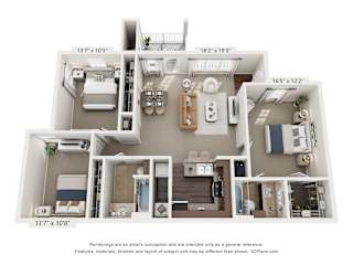 A 3D floor plan of a house with dimensions of each room.