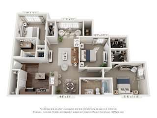 A 3D floor plan of a small apartment with a kitchen, living room, and bathroom.