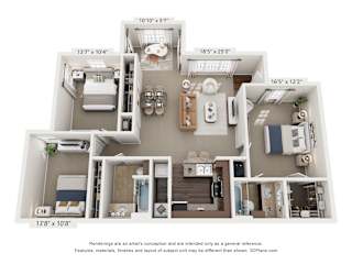 A 3D floor plan of a house with dimensions of each room.