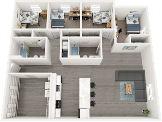 A top-down view of a small apartment with a kitchen, living room, and bedrooms.