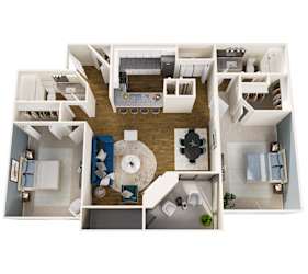 A floor plan of a house with a living room, dining room, kitchen, and two bedrooms.