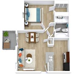 A top-down view of a modern apartment layout with a living room, kitchen, and bathroom.