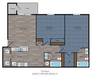 The Rose - 2 Bed 2 Bath Floor Plan at Bayside Apartment Homes, Hilliard