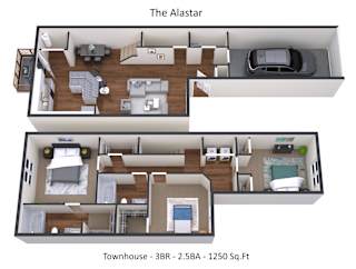 A floor plan of a 3 bedroom, 2.5 bath townhouse with a total area of 1250 square feet.