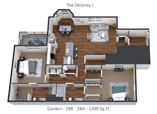 A floor plan of a two bedroom, two bathroom apartment with a garden.