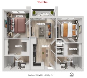 The Elm Two Bedroom Two Bathroom Floor plan at Greenwood Commons Apartments, Ohio
