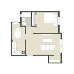 A floor plan of a house with a kitchen, living room, and two bedrooms.