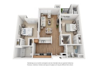 Plan 12 2 Bedroom 2 Bathroom 3D Floor Plan Plan 12 2 Bedroom 2 Bathroom 3D Floor Plan at Hancock Terrace Apartments, Santa Maria, CA