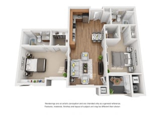Plan 13 2 Bedroom 2 Bathroom 3D Floor Plan Plan 13 2 Bedroom 2 Bathroom 3D Floor Plan at Hancock Terrace Apartments, Santa Maria, 93454