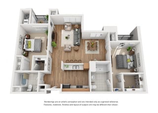 Plan 14 2 Bedroom 2 Bathroom 3D Floor Plan Plan 14 2 Bedroom 2 Bathroom 3D Floor Plan at Hancock Terrace Apartments, Santa Maria, California