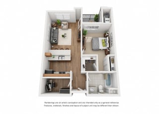Plan 5 1 Bedroom 1 Bathroom 3D Floor Plan Layout Plan 5 1 Bedroom 1 Bathroom 3D Floor Plan Layout at Hancock Terrace Apartments, Santa Maria, CA