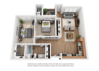 Plan 9 2 Bedroom 1 Bathroom 3D Floor Plan Plan 9 2 Bedroom 1 Bathroom 3D Floor Plan at Hancock Terrace Apartments, California
