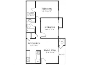 2 Bedroom 1 Bath floor plan.l The Grove Apartments in Davis CA