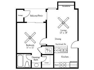 1 bed 1 bath Valley Floor Plan at Village Oaks Apartments, Austin, TX, 78759