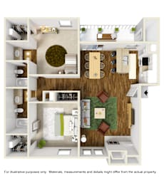 3D Furnished B2 floor plan, 2bed, 2bath, 944sqft. Montfort Crossing apartments in Dallas, TX