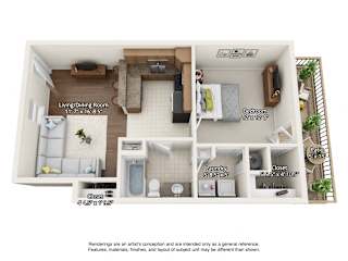 1 bedroom 3 dimensional floorplan downstairs