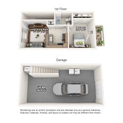 1 bedroom 3 dimensional floorplan with garage