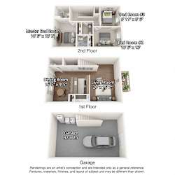 floorplan of 3 bedroom units with garages