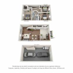 A 3D floorplan of the 3 bedroom layout at Pickens Bridge Village