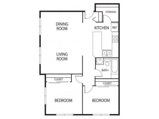 2 Bedroom 1 Bathroom 950 Sq. Ft. | Aspen Floor Plan at Hidden Valley Apartments in Savage, MN