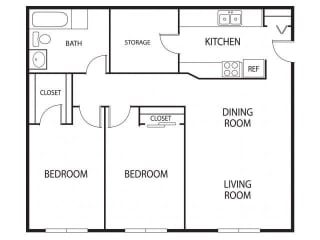 2 Bedroom 1 Bathroom 1,000 Sq. Ft. | Evergreen Floor Plan at Hidden Valley Apartments in Savage, MN