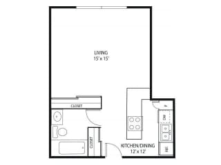Studio 1  Bath   425 Sq. Ft. | Aspen Floor Plan at Minnehaha Manor Apartments in Oakdale, MN