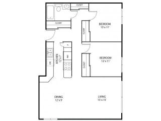 2 Bedroom 1 Bathroom 925 Sq. Ft. | Cedar Floor Plan at Minnehaha Manor Apartments in Oakdale, MN