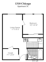 Floor Plan 1 Bedroom, 1 Bath