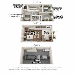A 3D floorplan of the 3 bedroom layout at The Villas at Island Road