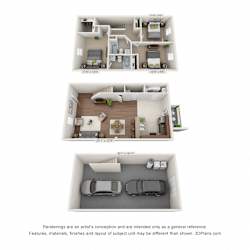 A 3D floorplan of the 3 bedroom layout at The Villas at River Bend