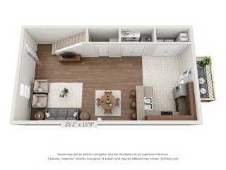 3D floorplan of the 3 bedroom layout, first floor