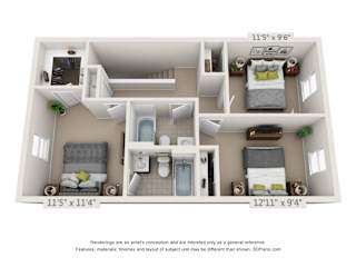 3D floorplan of the 3 bedroom layout, second floor