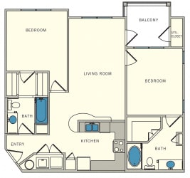 2 Bedroom Floor Plan, The Lookout at Comanche Hill | Unit B2 - two bed, two bath