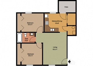 2 Bedroom 1 Bathroom 850 Sq. Ft. Floor plan at Sandstone Court Apartments, Greenwood, IN, 46142