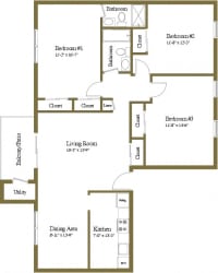 3 bedroom 2 bathroom floor plan at Rockdale Gardens Apartments in Windsor Mill, MD
