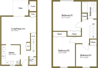 3 bedroom 1.5  bathroom Deertree floor plan at Seven Oaks Townhomes in Edgewood, MD