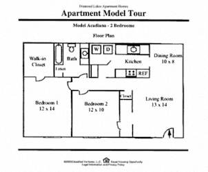 A floor plan of an apartment model tour for a 2 bedroom apartment.