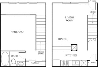 Two story floor plan with bedroom and living spaces at The Colony Apartments, Universal City, Texas