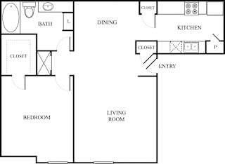 One bedroom one bath floor plan layout at The Colony Apartments, Universal City