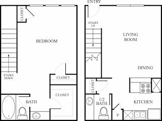 Multilevel floor plan with bedroom and half bath at The Colony Apartments, Texas